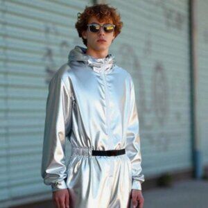 Mens Womens Unisex Silver Hooded Jumpsuit Costume Astronaut NIP